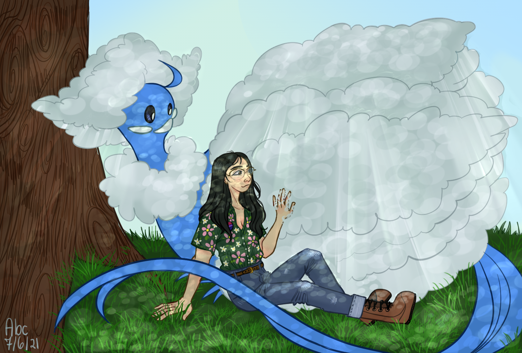 Commission done for a friend featuring a Vietnamese woman with a green floral button-up and bisexual pin, sitting under a tree with a pokémon, Mega Altaria. The sun is streaming through Altaria's feathers, creating a dappled effect.